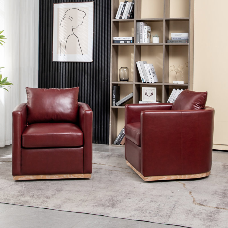 Azib 29'' Wide Genuine Leather Top Grain Leather Swivel Armchair, Burgundy Genuine Leather