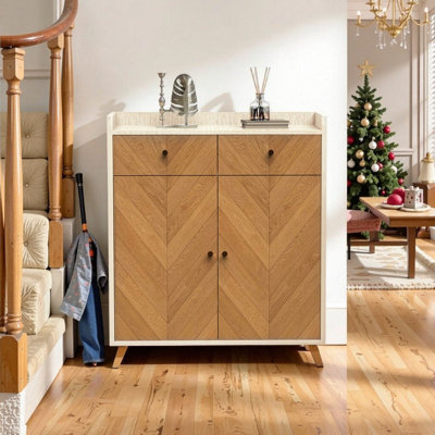 Armoire à chaussures en bois à 4 niveaux avec 2 tiroirs et 2 portes Herringbone Design