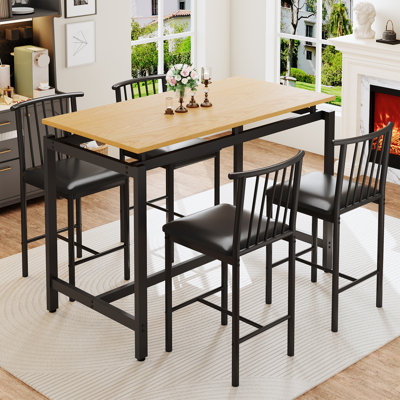 5 Pieces Dining Set, Industrial Counter Height Pub Bar Table Set, PU Stools With Backrest