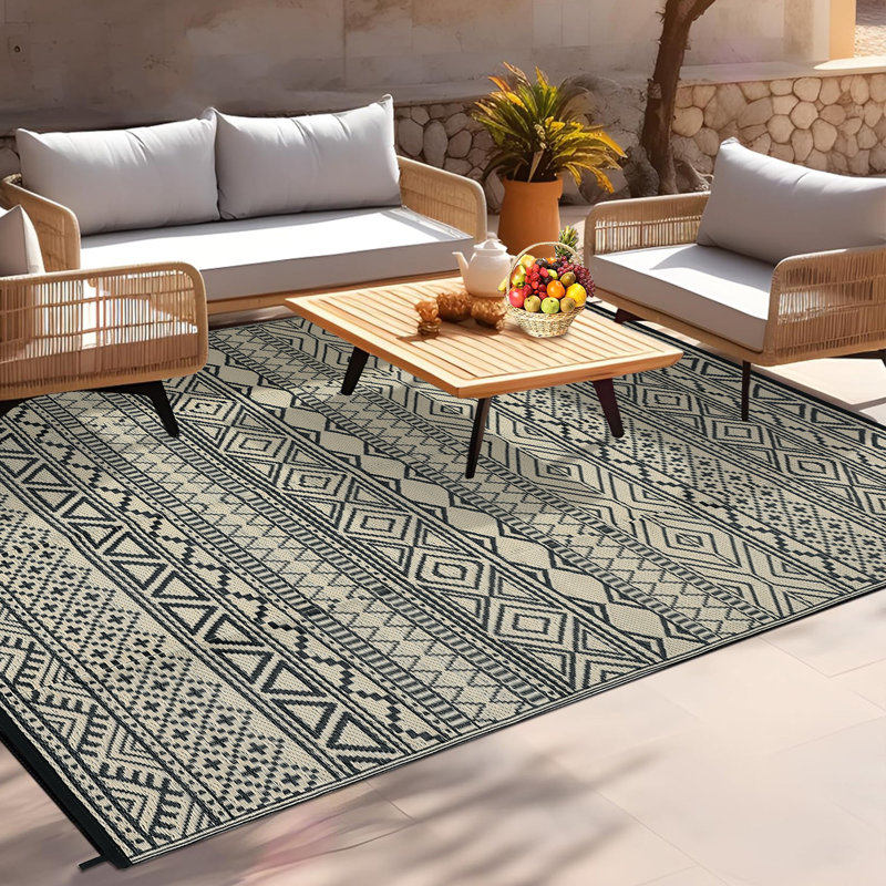 Tapis d'extérieur Boho en plastique avec paille Boho, Noir / Café, Tapis de couloir de 9 pi x 18 pi