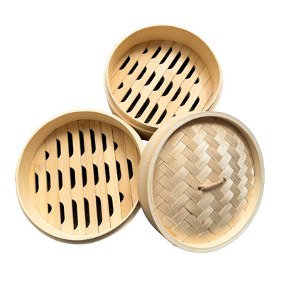 2-Tier Bamboo Steamer Basket Set – Perfect For Dim Sum, Dumplings, Buns, Seafood & Rice – Ideal For Asian Cooking (Bamboo, 7-Inch)