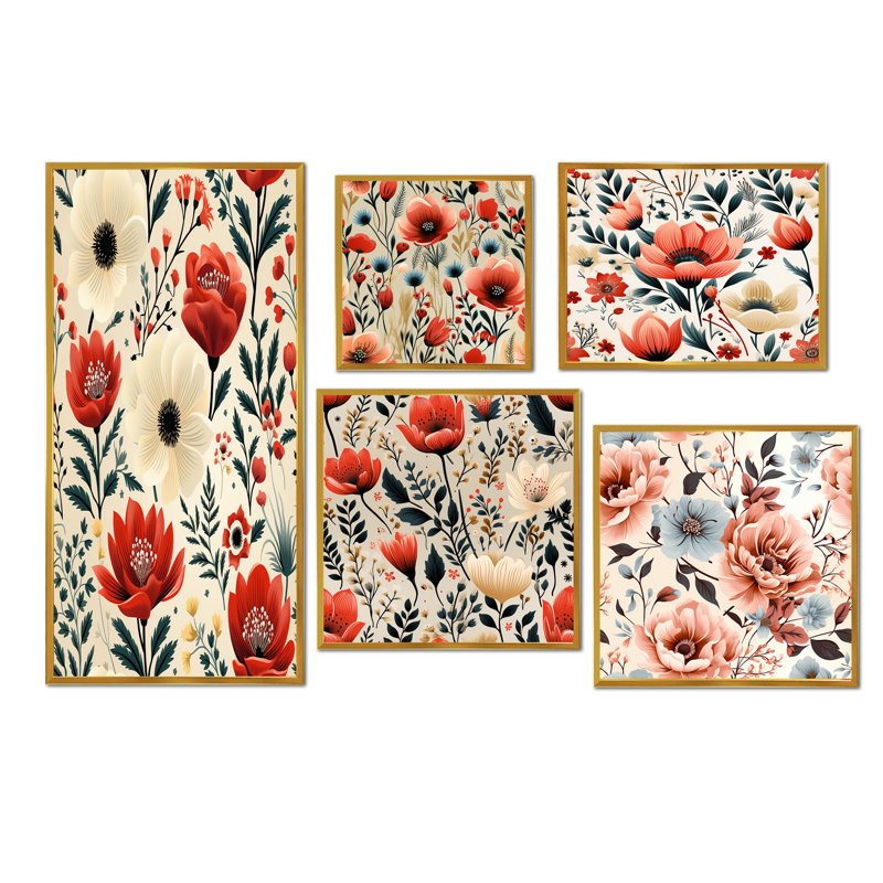 Homan - Ensemble de 5 décorations murales florales, Cadre flottant doré