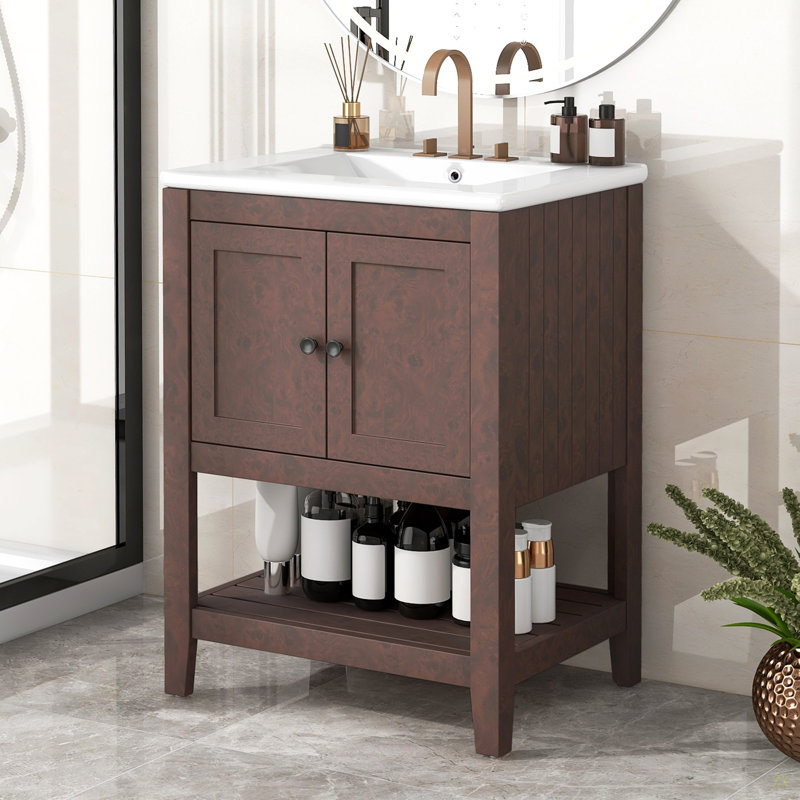 Lavabo de salle de bain moderne élégant en céramique 24 po avec tablette ouverte en bois massif, Brun