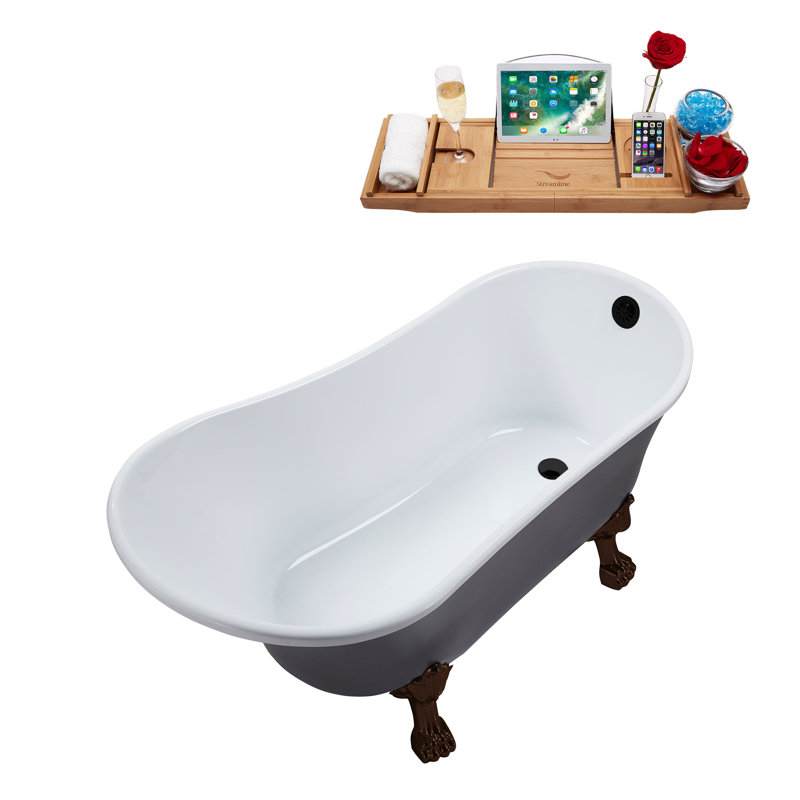 55" Streamline Clawfoot Soaking Acrylic Bathtub With Drain, Clawfeet, and Bamboo Tray, Matte Oil Rubbed Bronze, Matte Black