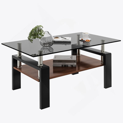 Rectangle Coffee Table With Storage Shelf And Tempered Glass Tabletop