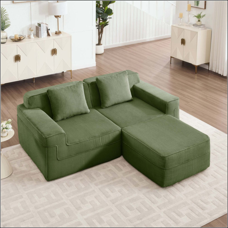 Canapé modulaire modulaire en L à 2 places sans os, canapé modulaire Cloud avec assise profonde, canapé modulaire moderne à 2 places avec coussins décoratifs et 1 repose-pieds mobile, tissu en velours côtelé