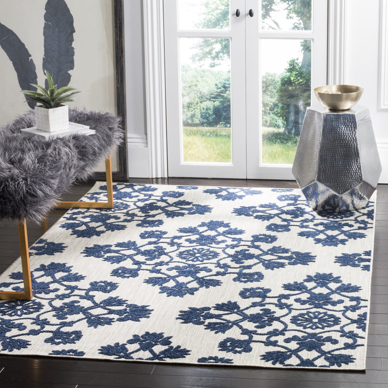 Tapis d'intérieur / extérieur gris / bleu Wallick, Rectangle 6 pi 7 po x 9 pi 6 po