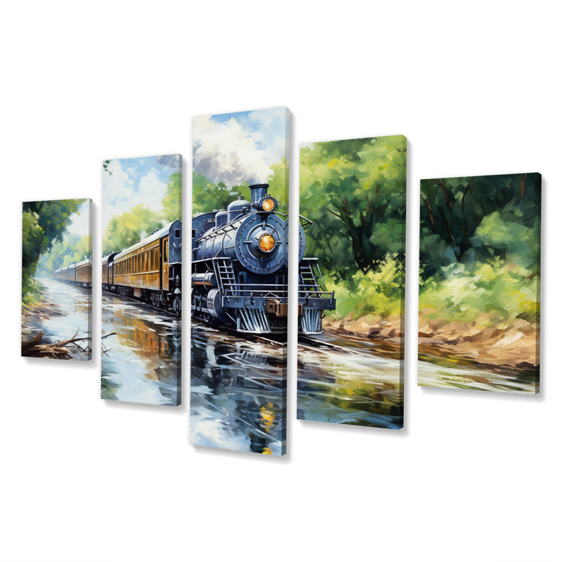 "Steamtrain Travelling In The Sunset", reproduction d'art sur toile - 5 panneaux