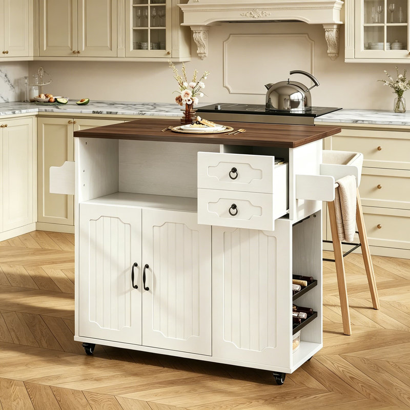 Îlot de cuisine mobile de 51 pouces avec rallonge et prise de courant, chariot de rangement roulant avec armoires, tiroirs, porte-verre et support à vin pour la salle à manger, blanc
