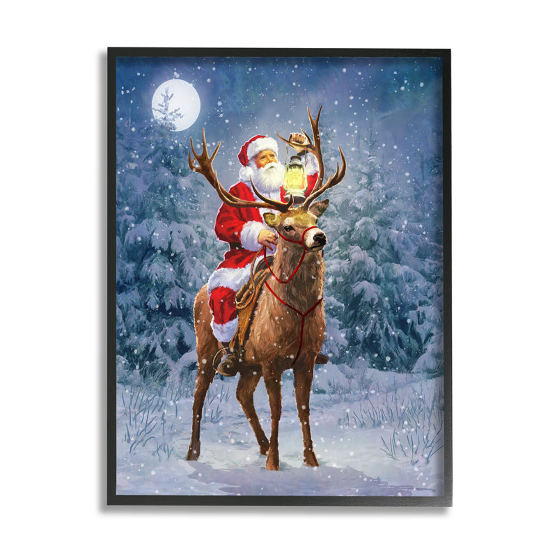 «Santa Riding Reindeer Landscape» encadré sur bois par Pip Wilson, peinture, Giclée encadrée noir minuit, H 14 po x l 11 po