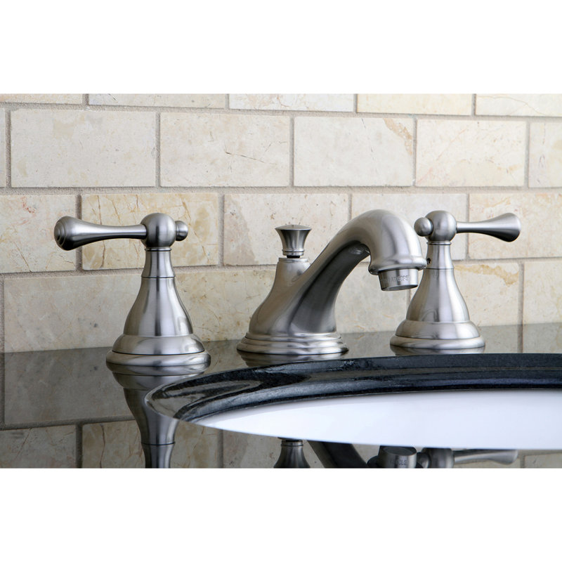 Kingston Brass Two-Handle 3-Hole Deck Mount Widespread Bathroom Faucet with Brass Pop-Up Drain, Brushed Nickel
