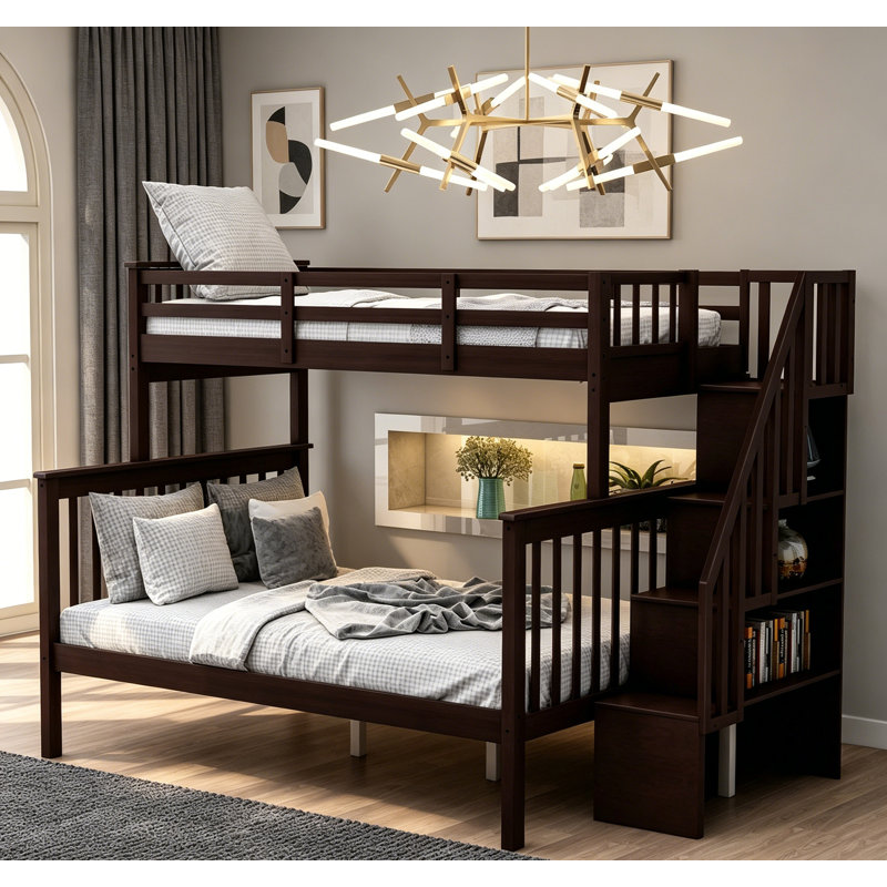 Lit superposé simple au-dessus d'un lit double avec rangement, garde-corps et construction en pin robuste pour les chambres modernes
