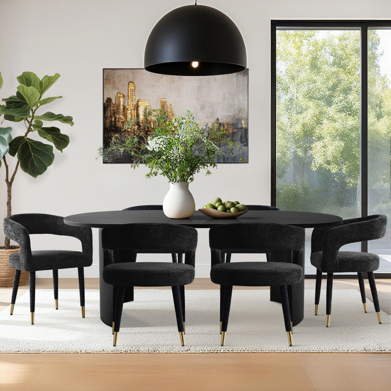 Ensemble de salle à manger 7 pièces moderne avec table ovale 79 po et chaises rembourrées, Noir