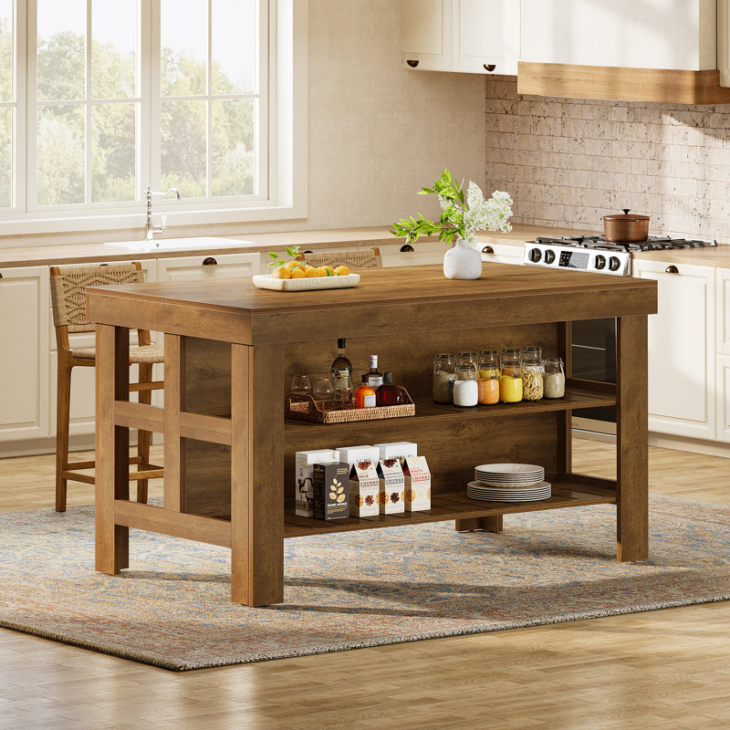 Table pour îlot de cuisine 55,1 "avec rangement et sièges pour la salle à manger de cuisine, Brun
