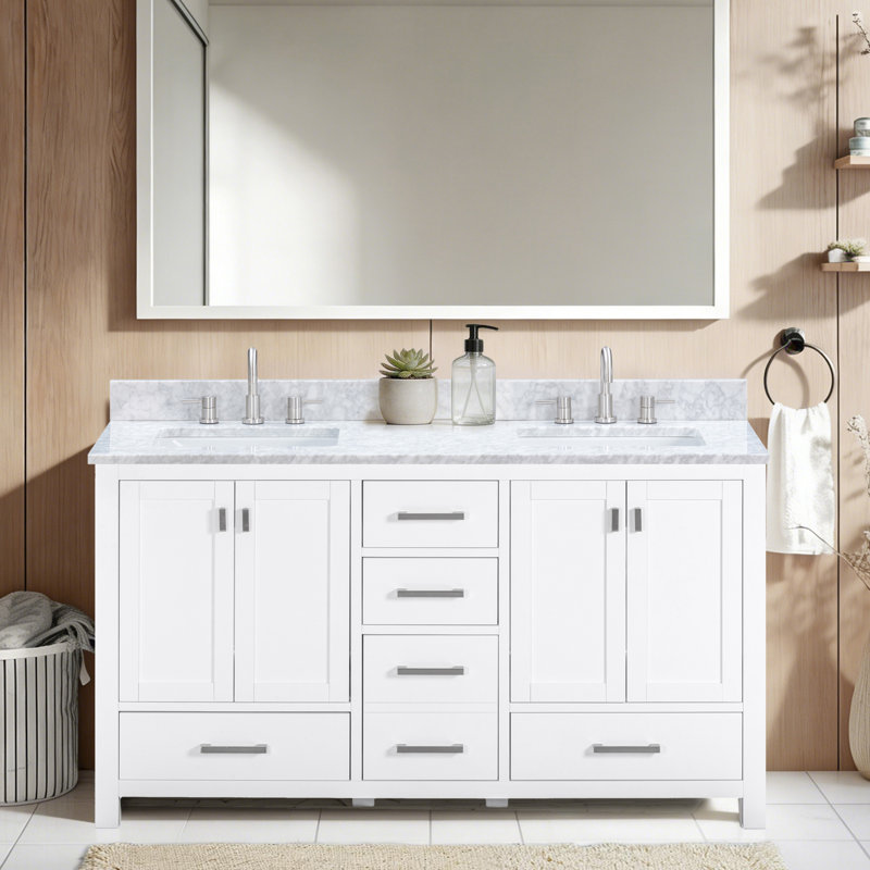 Souther 60" Double Bathroom Vanity with Top, White, Carrara White Marble