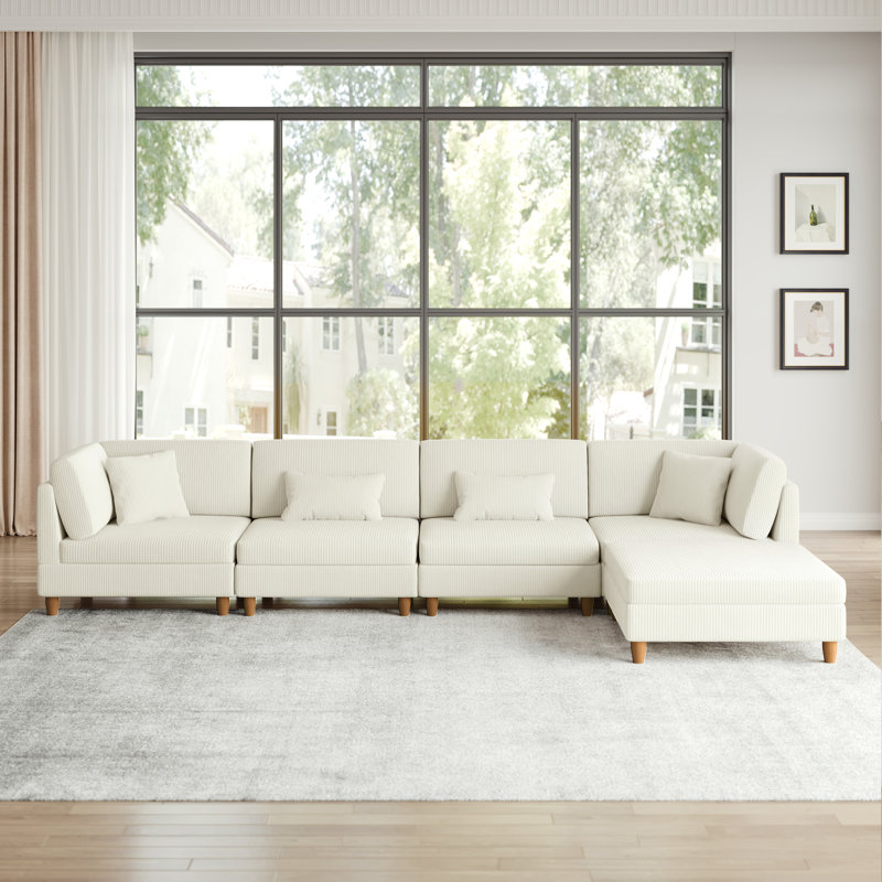 Seemab 5 - Piece Upholstered Beige Corduroy Modular Sectional with Pillow Back and Removable Ottoman, Beige Corduroy