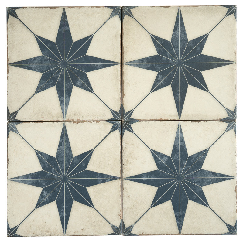 Faenza 8x8 White Navy Porcelain Square Motif Wall and Floor Tile (6.46 sq ft/case) - 15 Pack, Navy/White