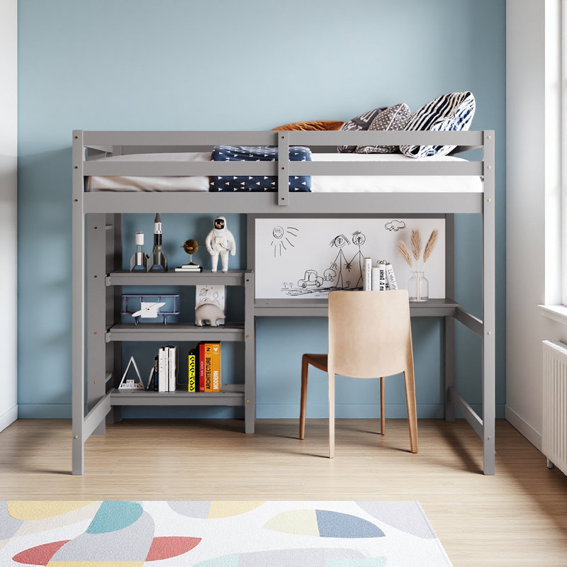Lit mezzanine en bois avec tablettes, bureau et tableau d'écriture, Gris, Lit double