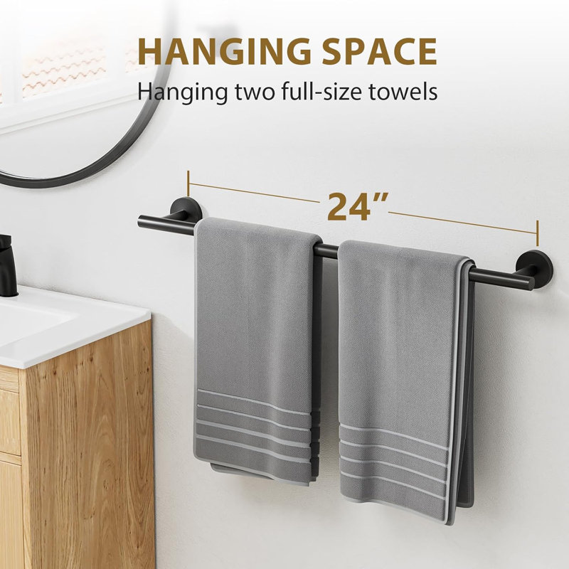 Barre à serviettes en acier inoxydable - 24/26 po pour fixation murale de salle de bain, Noir mat
