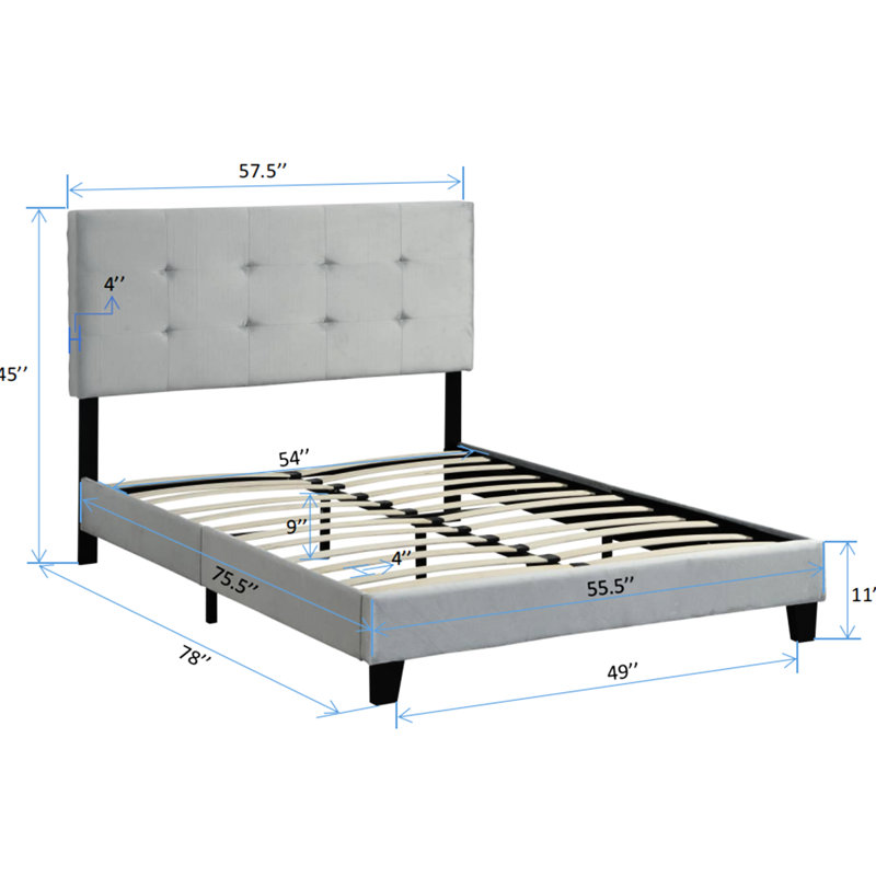 Structure de lit plateforme tapissier en gris, lit double avec tête de lit, support de lattes en bois stable, sommier, base facile à assembler, sans sommier, lit gris avec limite de poids de 600 lb, ressort requis,