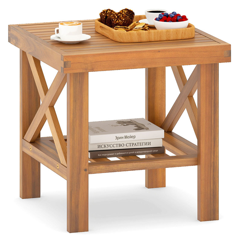  Outdoor Side Table Acacia Wood Adirondack Table w/ Storage Shelf Natural, 1