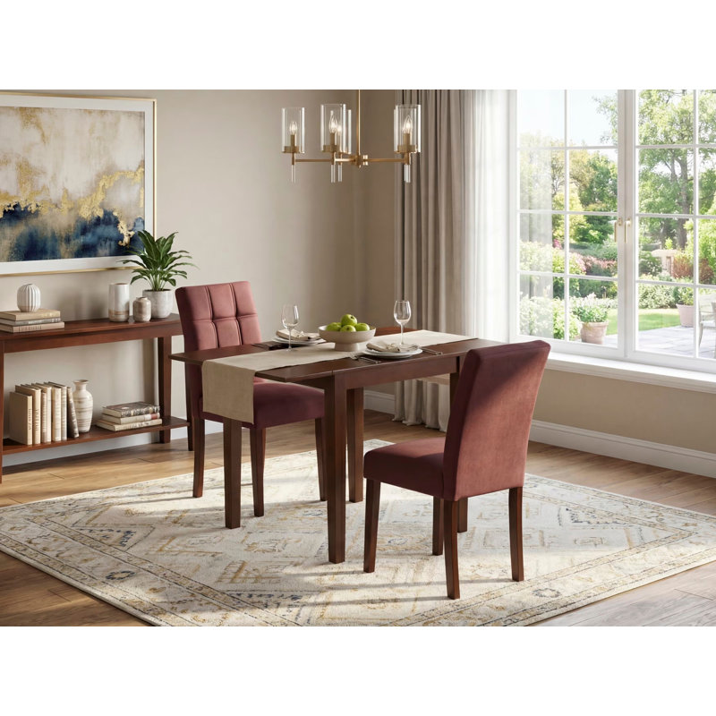 L'ensemble de table de salle à manger 3 pièces comprend une table de cuisine moderne et 2 chaises Parsons en polyester bourgogne, acajou