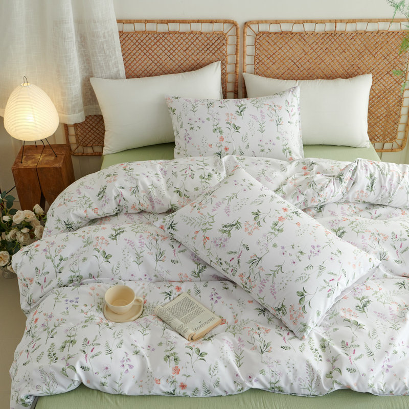 Nayoroom French Garden Durable Farmhouse Pink Flowers White Cotton Duvet Cover Set Aesthetic Garden Style Soft Floral Bedding Set