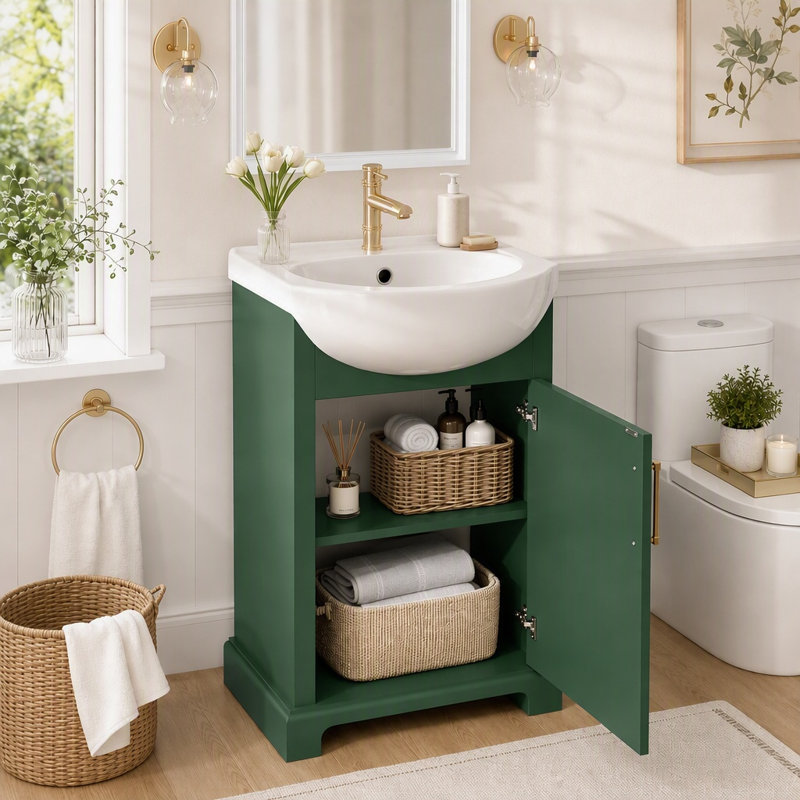 Meuble-lavabo simple 20 po avec lavabo en céramique et portes à fermeture en douceur, Vert