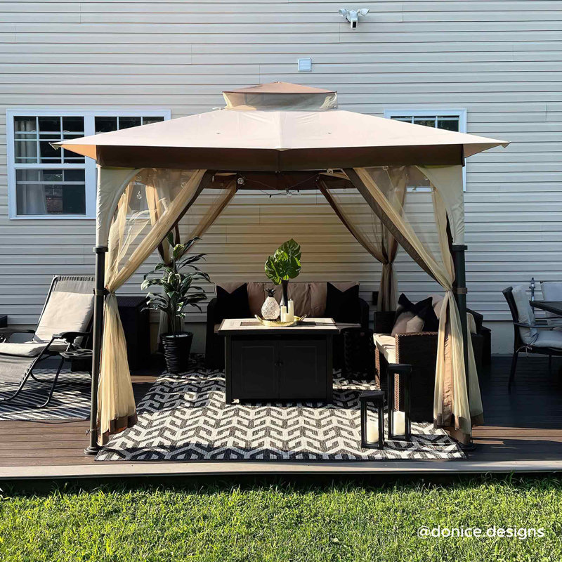 Sunjoy Outdoor Patio 9.5x9.5 Tan 2-Tier Steel Backyard Soft Top Gazebo with Ceiling Hook and Netting, Brown