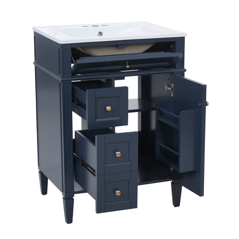 Meuble-lavabo 24 po Modern French Atelier avec comptoir en céramique, meuble-lavabo simple avec tiroir basculant, 2 tiroirs coulissants et armoire de rangement avec organisateur de porte, pieds en bois massif (disponible en noir, blanc, bleu et vert)