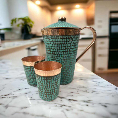 Ambiente Mexican Copper Crafts 3 - Piece Pitcher Set - Pure Copper Tumbler - Copper Cups for Drinking.