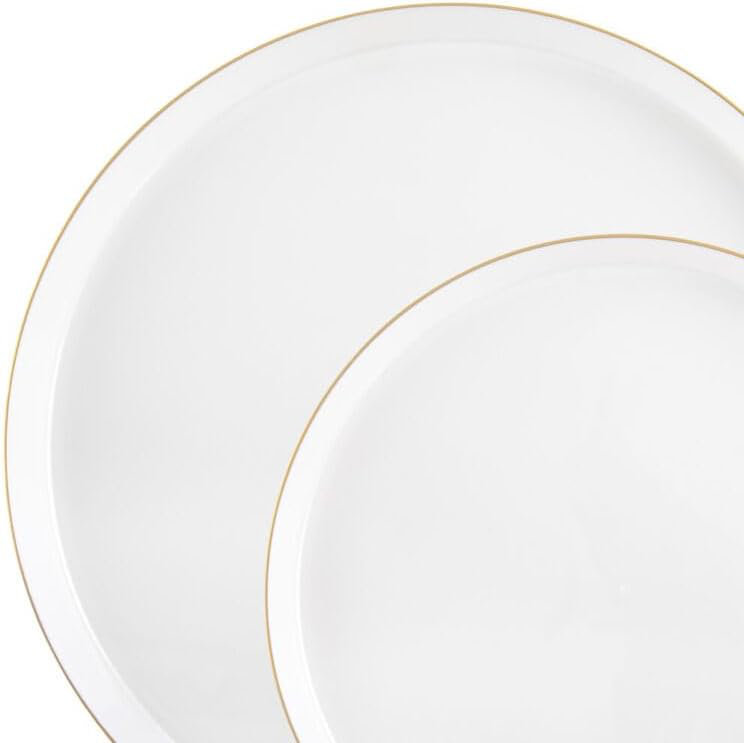 Assiettes plates en plastique blanc 10 po avec rebord doré, Ensemble de 80