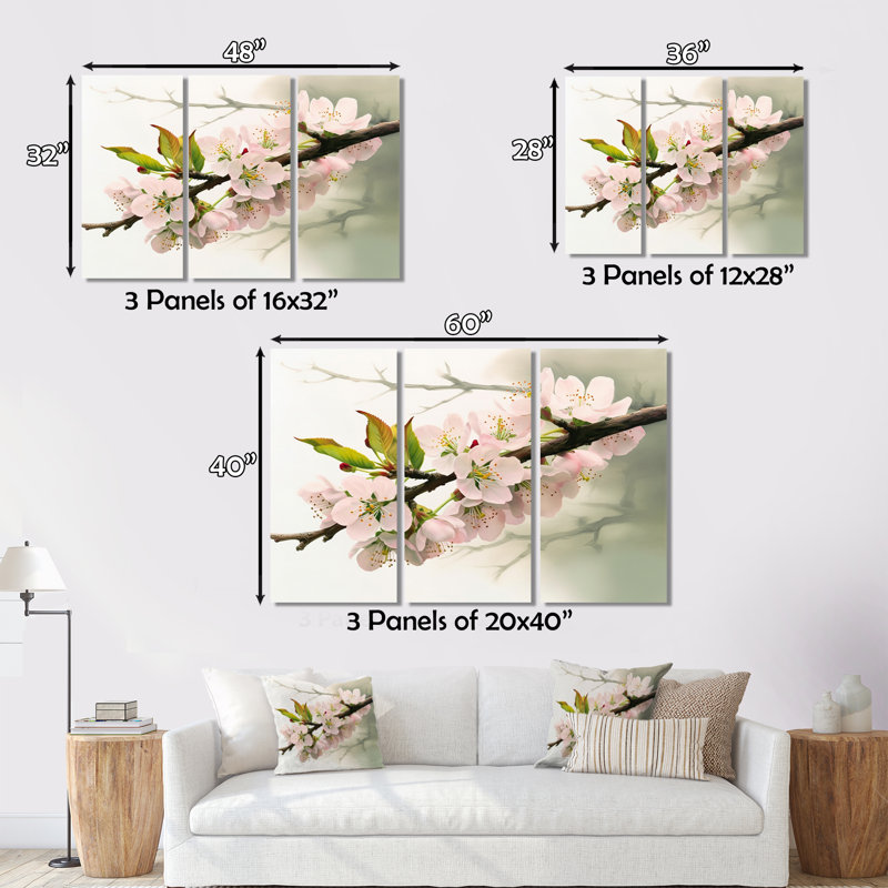«Cherry Blossoms I» sur toile, 3 pièces, H 32 po x l 48 po x P 1 po