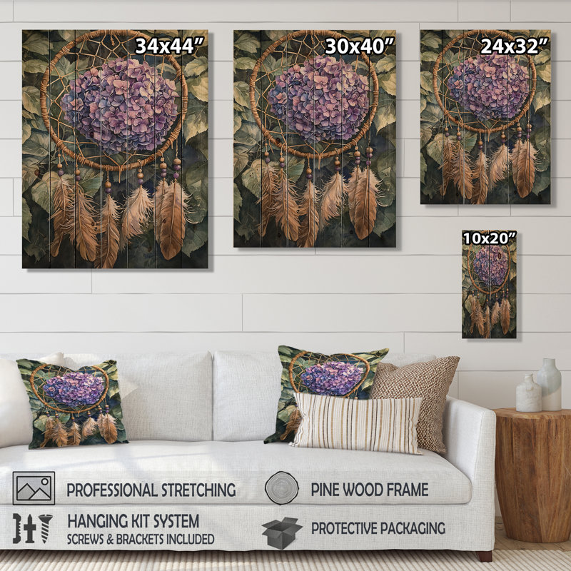 Hydrangea Dreamcatcher I - Hydrangea Wood Wall Art - On Natural Pine Wood, 20" H x 10" W x 0.78" D