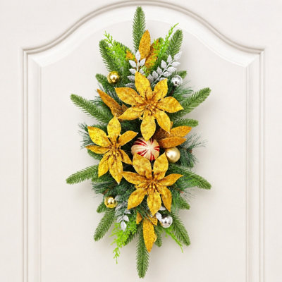 24 Inch Artificial Christmas Teardrop Swag with Golden Poinsettia, Glitter Ball Ornaments for Front Door Wall Holiday Decor