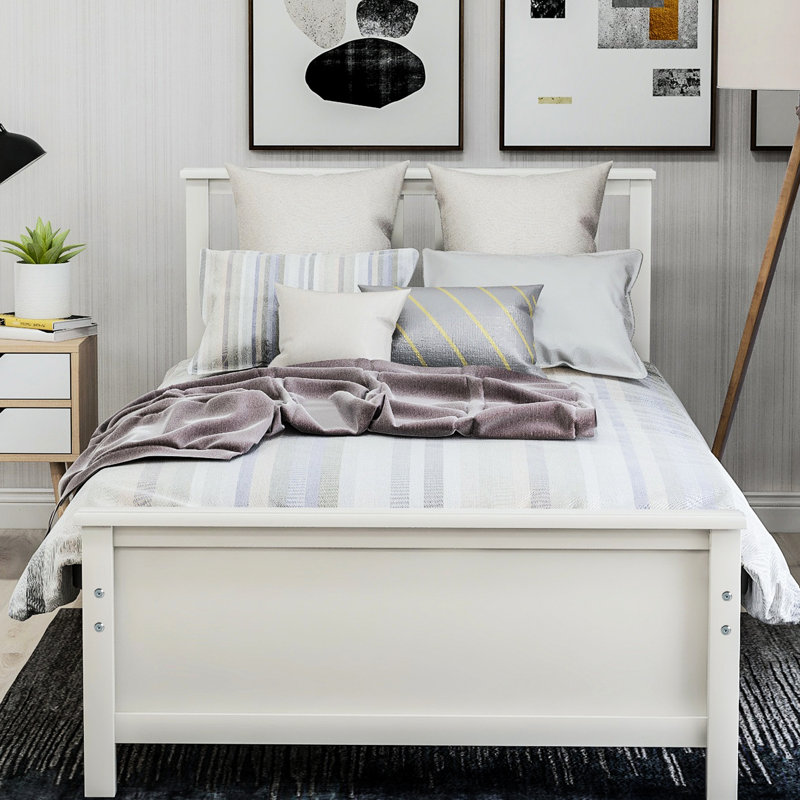 Twin Size Platform Bed In White With Solid Wood Headboard & Stable Headboard, For Charm