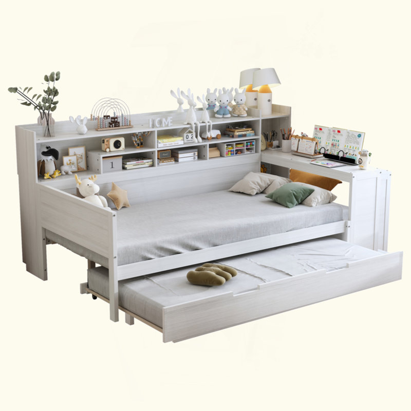 Wooden Daybed With Storage Shelves, Multi-Functional Bed With Twin Size Trundle Bed And  Study Desk, Twin, Antique White