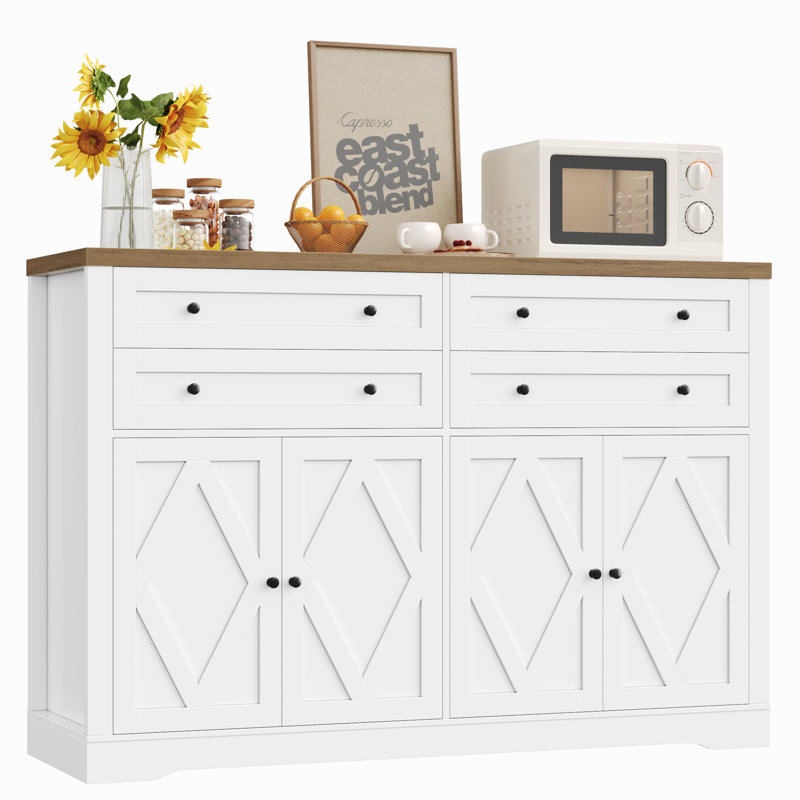 55.1" W Sideboard with 4 Drawers, Thickened Desktop, Rustic Brown/White