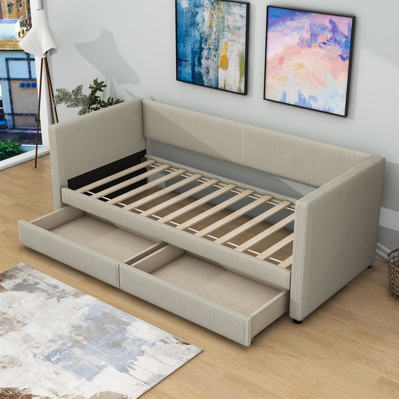 Berla Twin Size 2 Drawers Upholstered Daybed, Beige