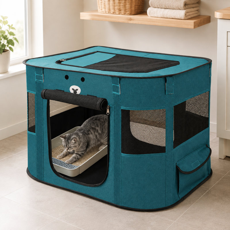 Parc de maternité pliable pour chat avec fenêtres en filet, accès par le haut et porte à fermeture à glissière, Vert