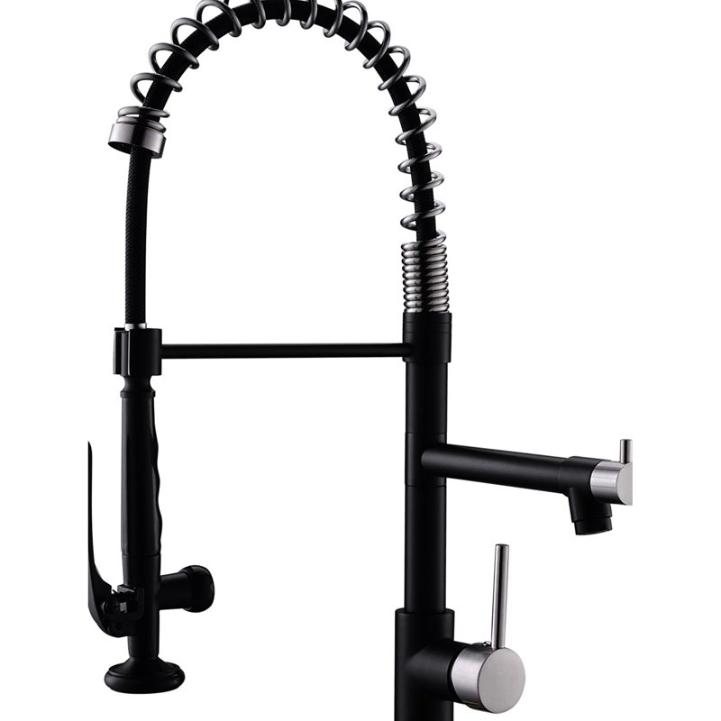 Pull Down Kitchen Faucet - Black And Silver Finish, Single Handle, Hot Cold, Ceramic Filler, Elegant Fixture Sink In Brass Construction, Modern