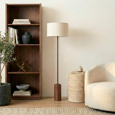 Oren 60" Modern LED Floor Lamp with Pleated Fabric Drum Shade and Wood Base, Bulb Included