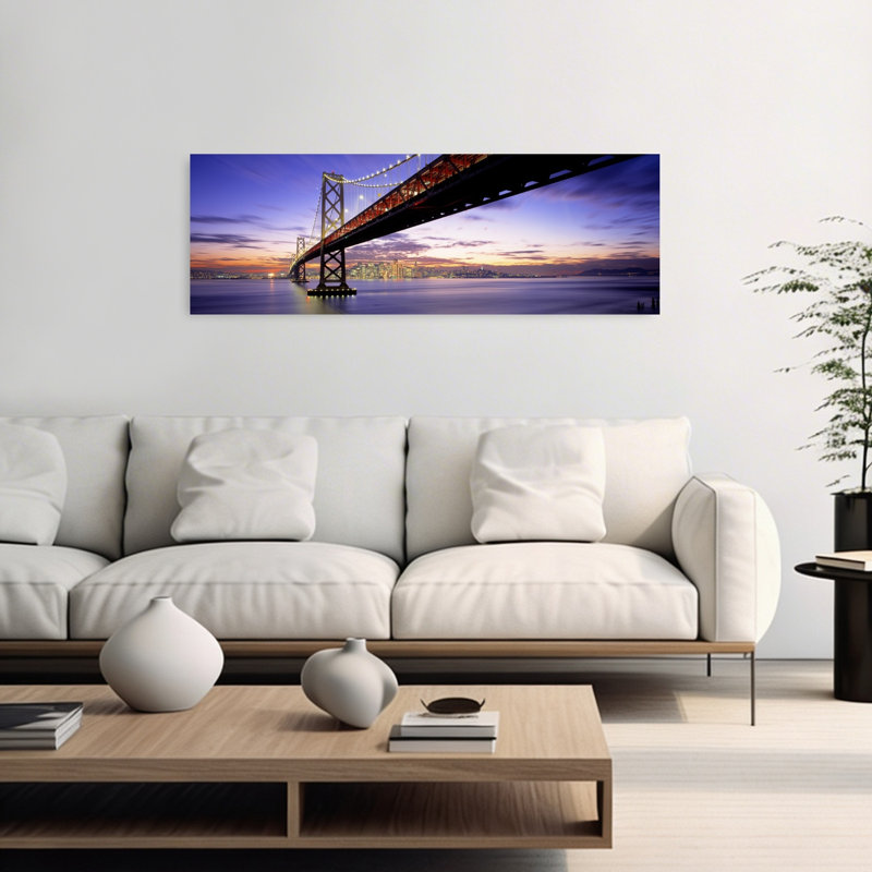 Art mural abstrait au crépuscule, Bay Bridge, San Francisco, Californie, États-Unis, H 16 po x l 48 po