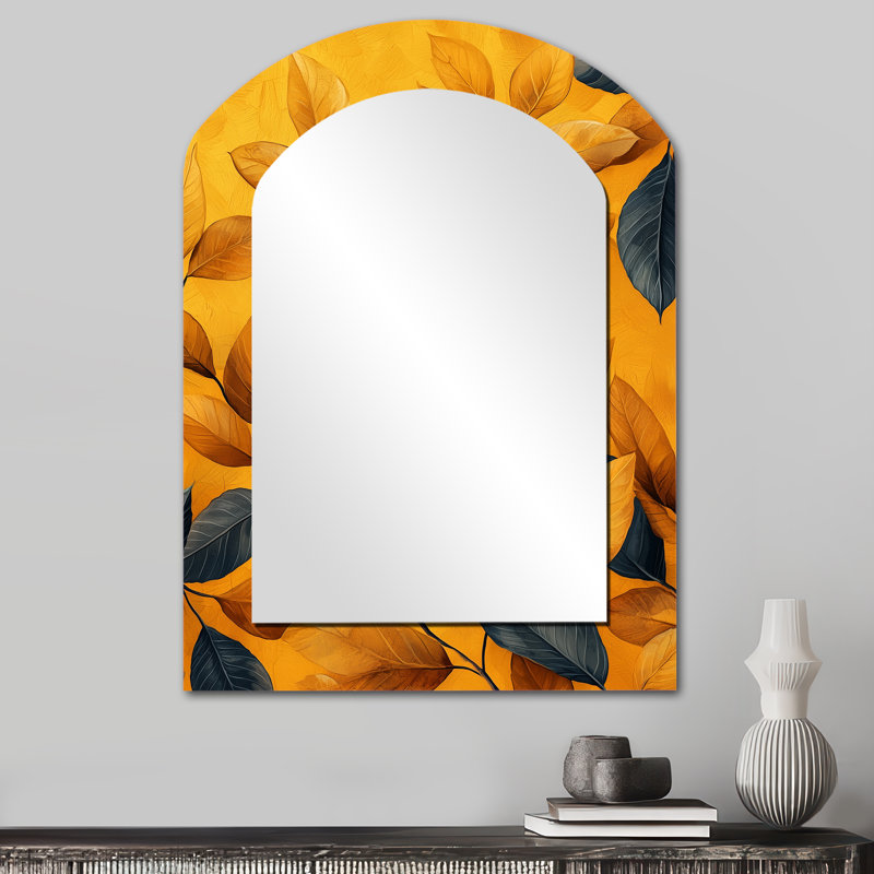Mustard Autumn Leaves Embrace I - Leaves Asymmetrical Unique Wall Mirror, Traditional Arch Mirror, Printed Metal Art