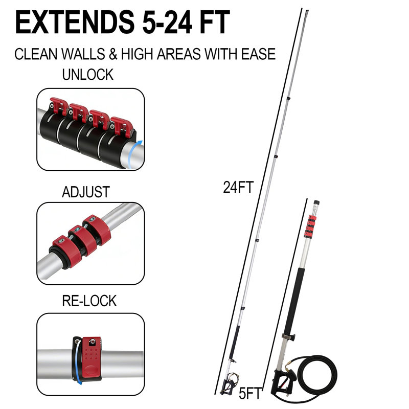24 Ft Telescoping Pressure Washer Wand, Power Washer Extension Wand With Brush Head, Gutter Cleaner, 3 Curve Wands, Adjustable Support Belt, Pivoting Coupler, 7 Spray Nozzles, 4000 Psi