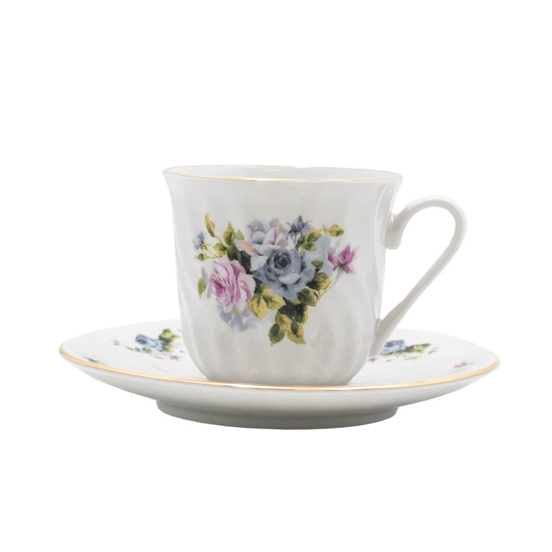 Ramsha Teacup and Saucer set, floral embossed & 24k gold trim (service for 6)
