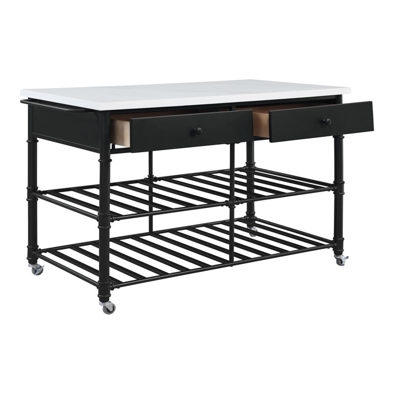 Clarkson Transitional Kitchen Island with Artificial Stone Top in White and Grey