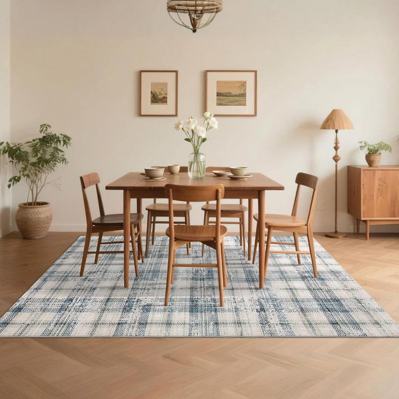 Plaid Machine Printed Area Rug, Blue, Rectangle 120 x 170 cm
