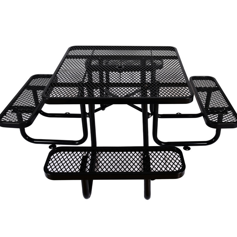 Square 46" Black Steel Picnic Table With Umbrella Holder Socket - Exquisite Design For Outdoor Activities Like Camping, Picnic, And Bbq Trips, Fishing