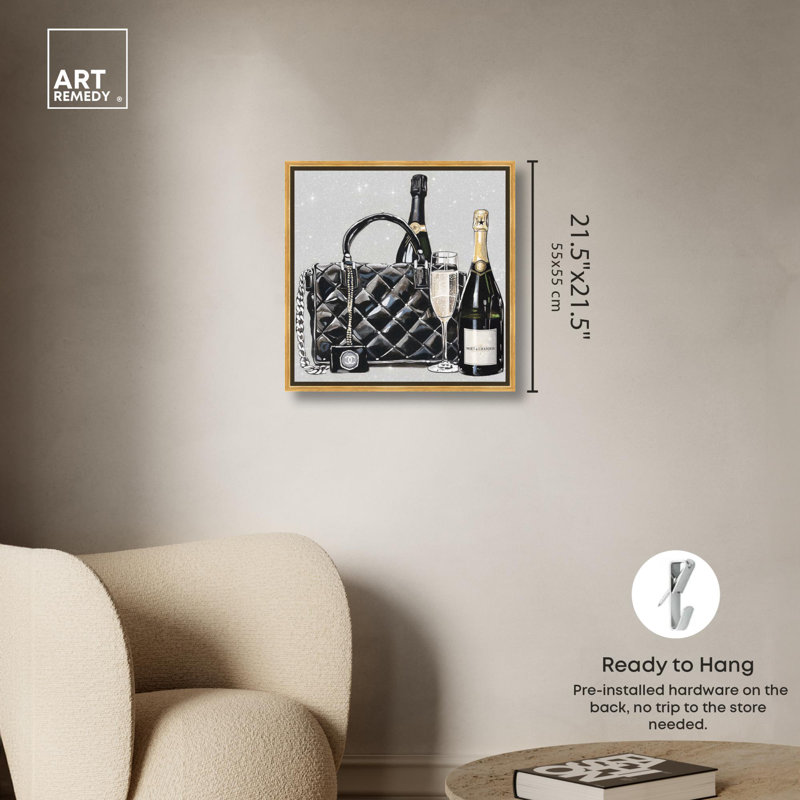 «Glam Purse and Drinks Canvas Glam Art Prints» par Art Remedy, Cadre doré, H 21 po x l 21 po